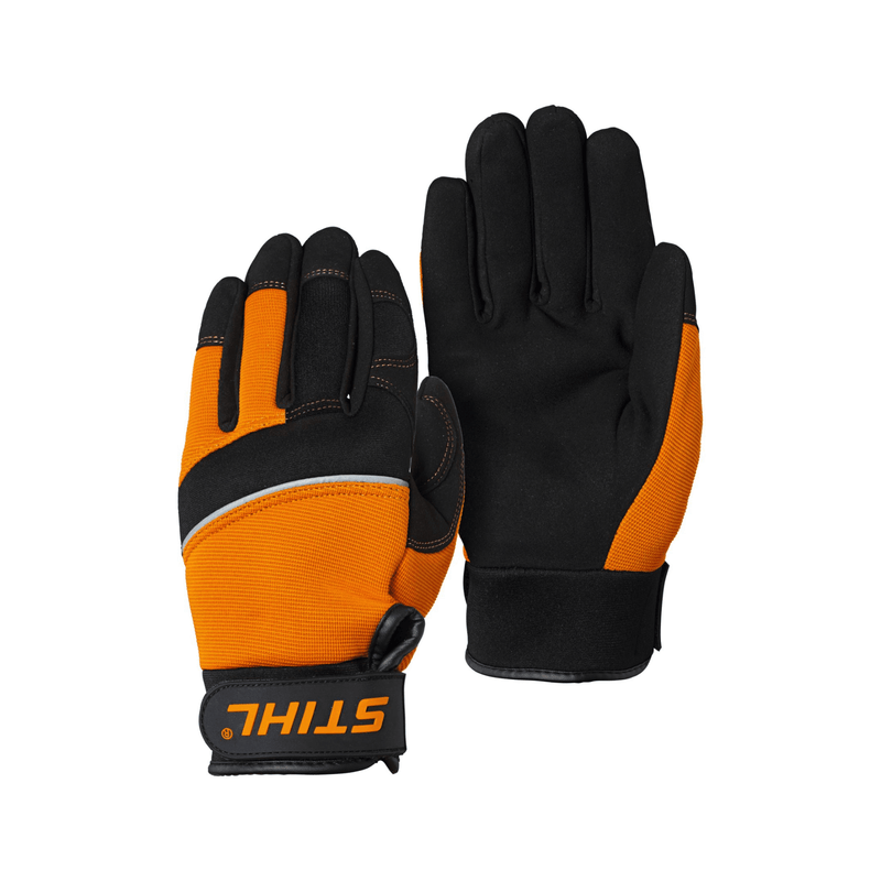 STIHL DYNAMIC Vent Gloves. Black, durable work gloves with breathable mesh for comfort. Designed for ventilation, offering good grip and protection for outdoor tasks.