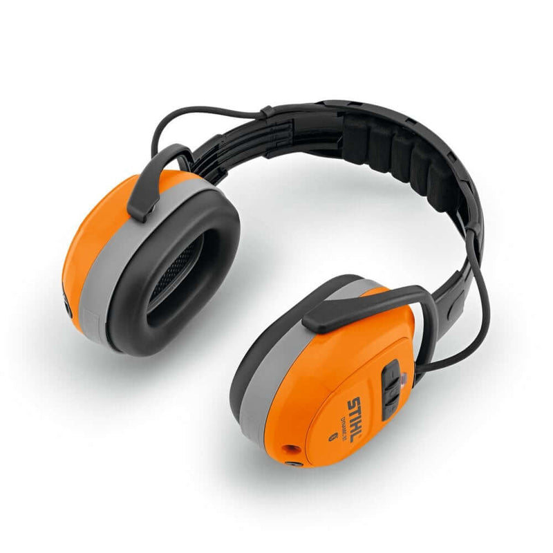 STIHL DYNAMIC Bluetooth Ear Defenders. Over-ear hearing protection for noisy environments. Integrates Bluetooth for music/calls. Comfortable, durable, orange