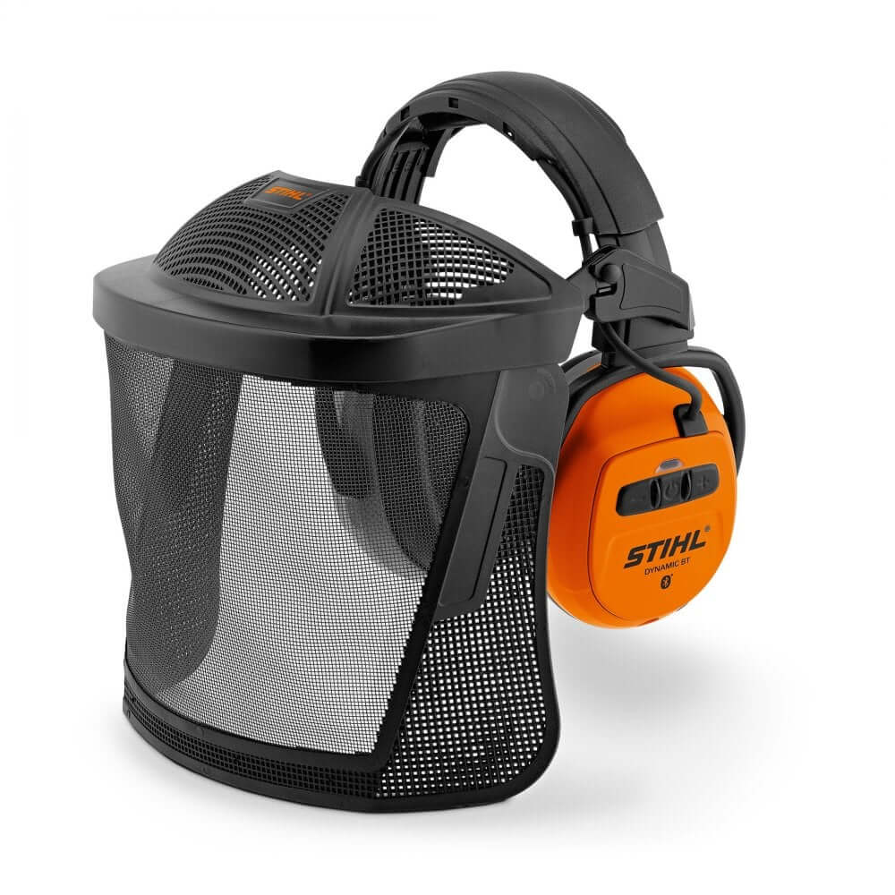 STIHL Dynamic Bluetooth ear defenders with an integrated mesh face visor in black and orange color.