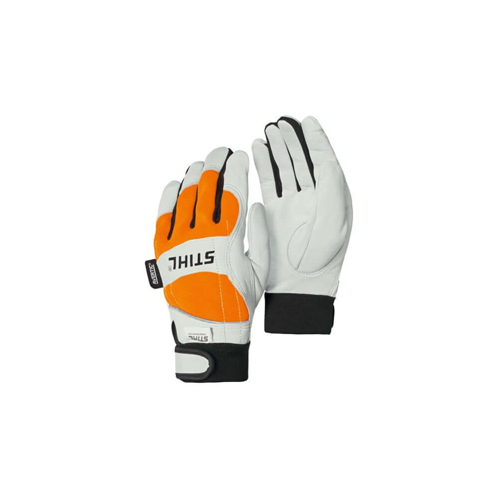 A pair of Stihl Dynamic Protect MS Chainsaw Gloves with orange, white, and black color scheme.