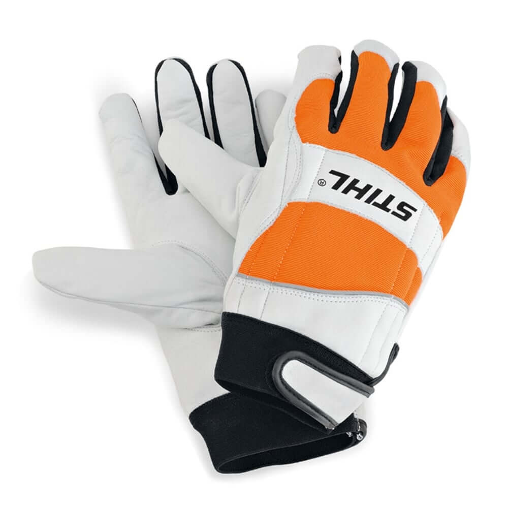 Stihl Dynamic Protect MS chainsaw gloves in orange and white, lightweight cut-resistant gloves for tree surgeons.