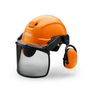 STIHL Dynamic X-Ergo Chainsaw Helmet. Orange, with metal mesh visor and ear defenders. Lightweight, ventilated, for professional forestry use
