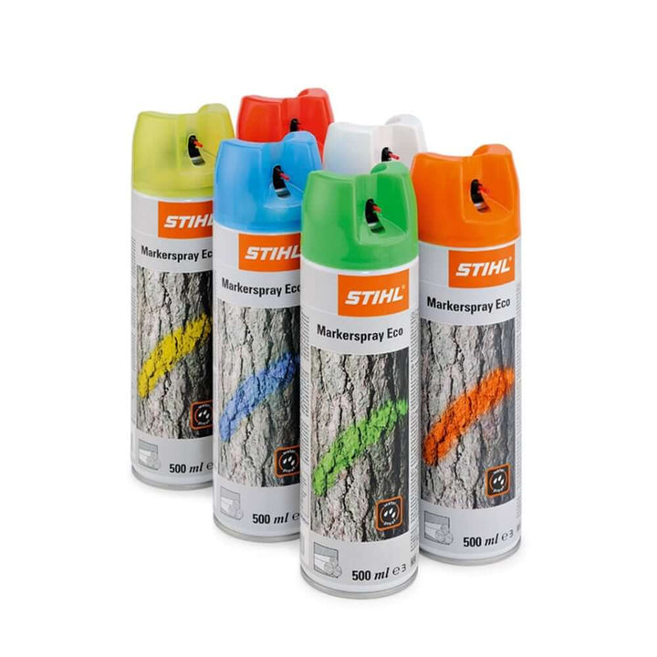 STIHL ECO Tree Marker 500ml Spray Paint in various colors, ideal for tree surgeons and environmentally safe marking.