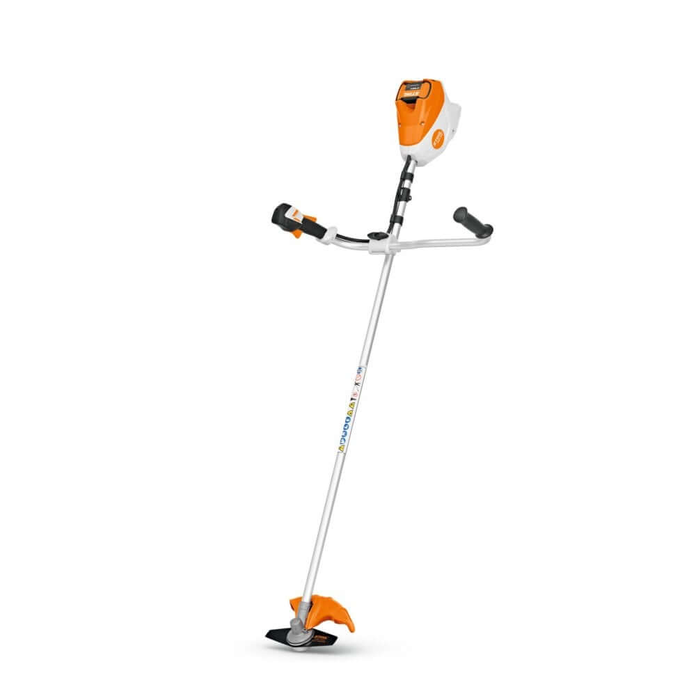 STIHL FSA 120 cordless brushcutter with orange and gray color scheme, featuring a battery compartment, control handle and bike handle design.