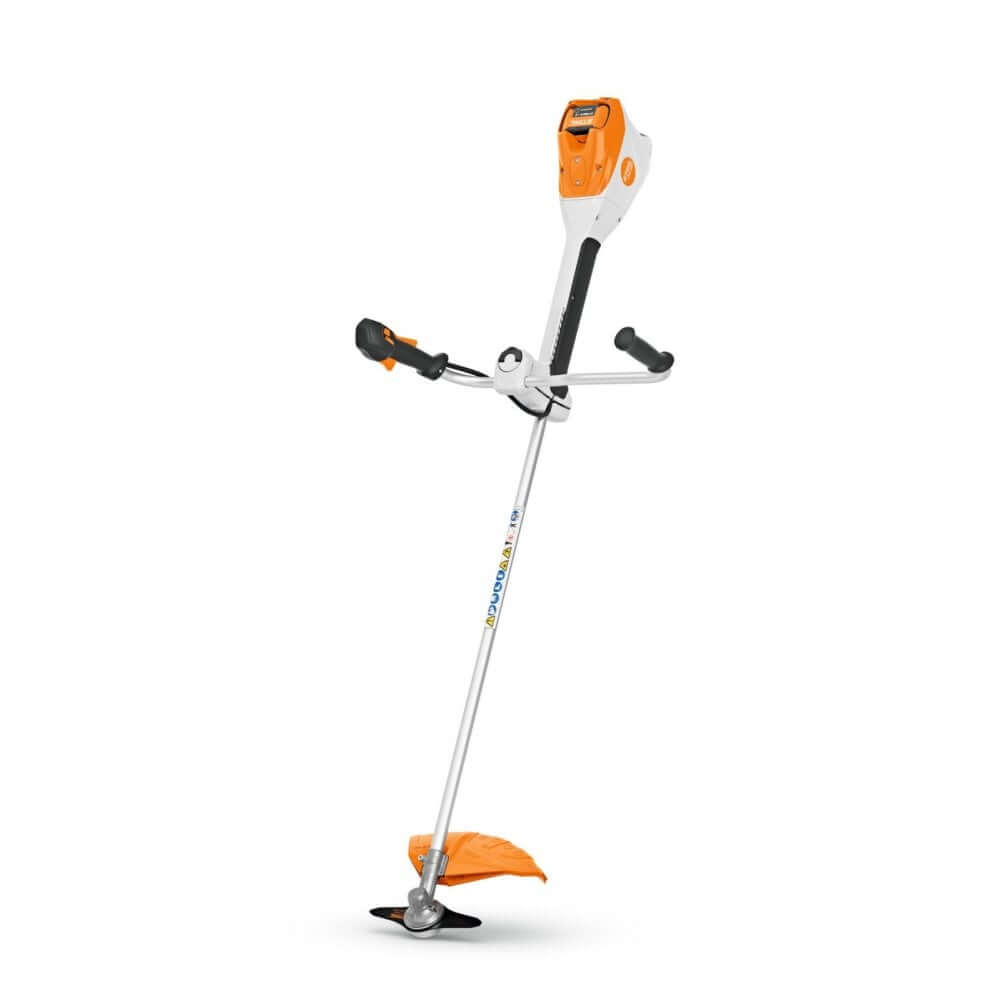 A STIHL FSA 200 cordless brush cutter with an orange body, gray handle, and black accents.