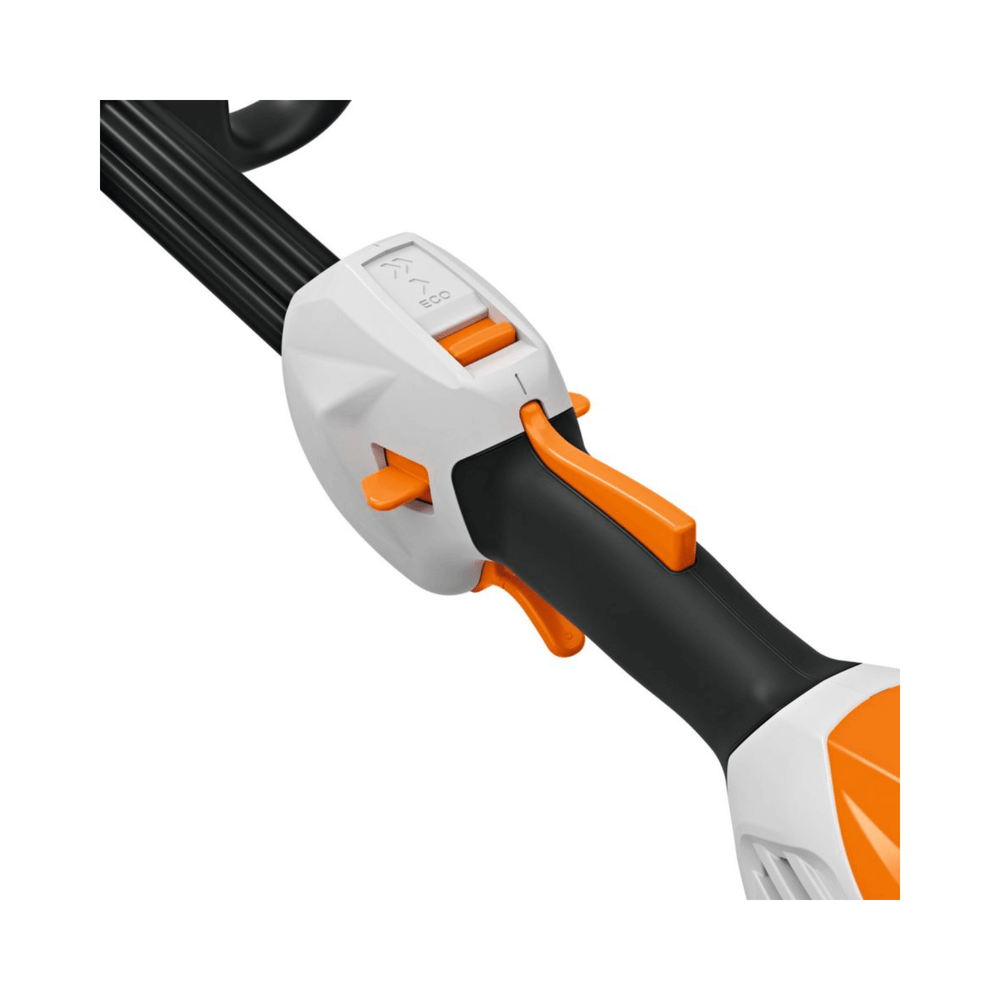 Close-up of the STIHL FSA 70 R cordless strimmer's handle and controls, designed for easy use in home gardens.