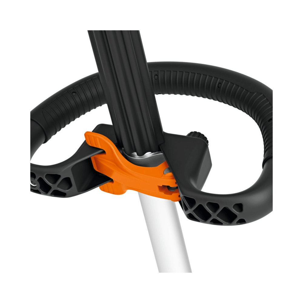 Close-up of the STIHL FSA 70 R Cordless Strimmer handle, showcasing its ergonomic design for comfortable use.