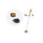 Stihl string trimmer with battery and charger on a white background