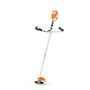 Stihl handheld grass trimmer with orange and black design on a white background