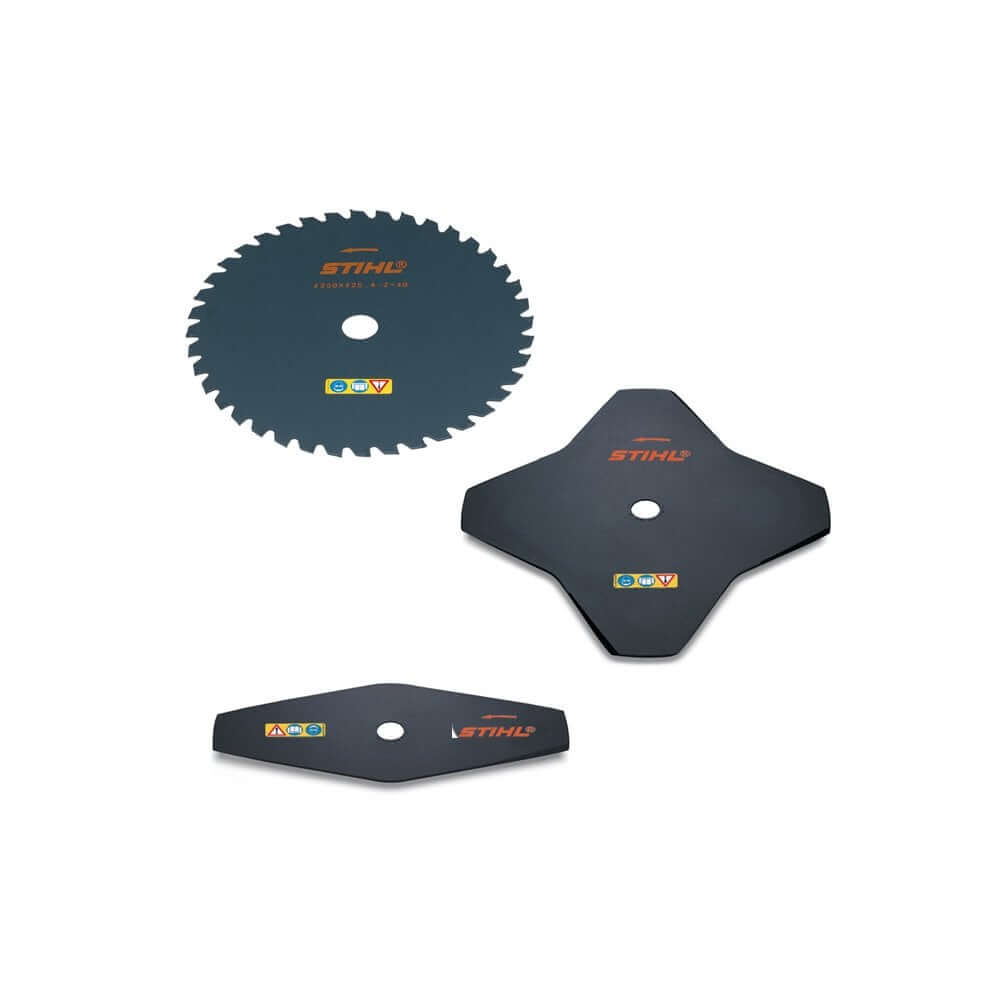 STIHL grass cutting blades set for brush cutters, durable and efficient for tree surgeons, high-quality steel design.