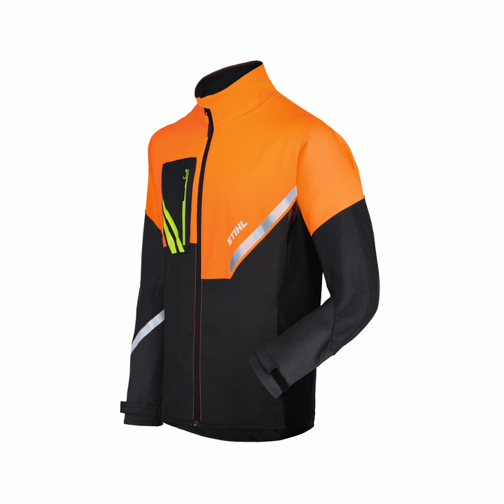 STIHL FUNCTION Core Jacket. Durable work jacket, orange and gray/black. Features pockets, zip closure. Designed for outdoor work and comfort. STIHL logo