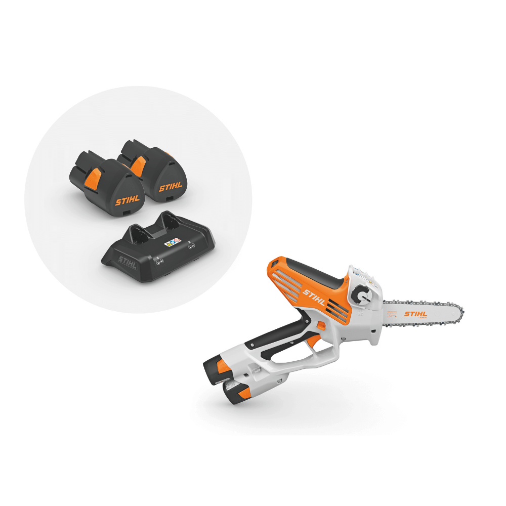 STIHL GTA 40 cordless pruner with two AS 2 batteries, ideal for tree surgeons and professional gardening.