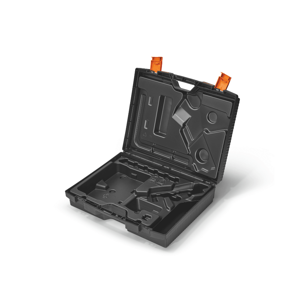 Open black carrying case with custom foam inserts for tool storage and organization.