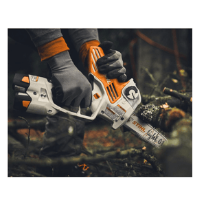 STIHL GTA 40 cordless pruner in use by tree surgeon, showcasing its powerful battery-operated design for professional pruning.