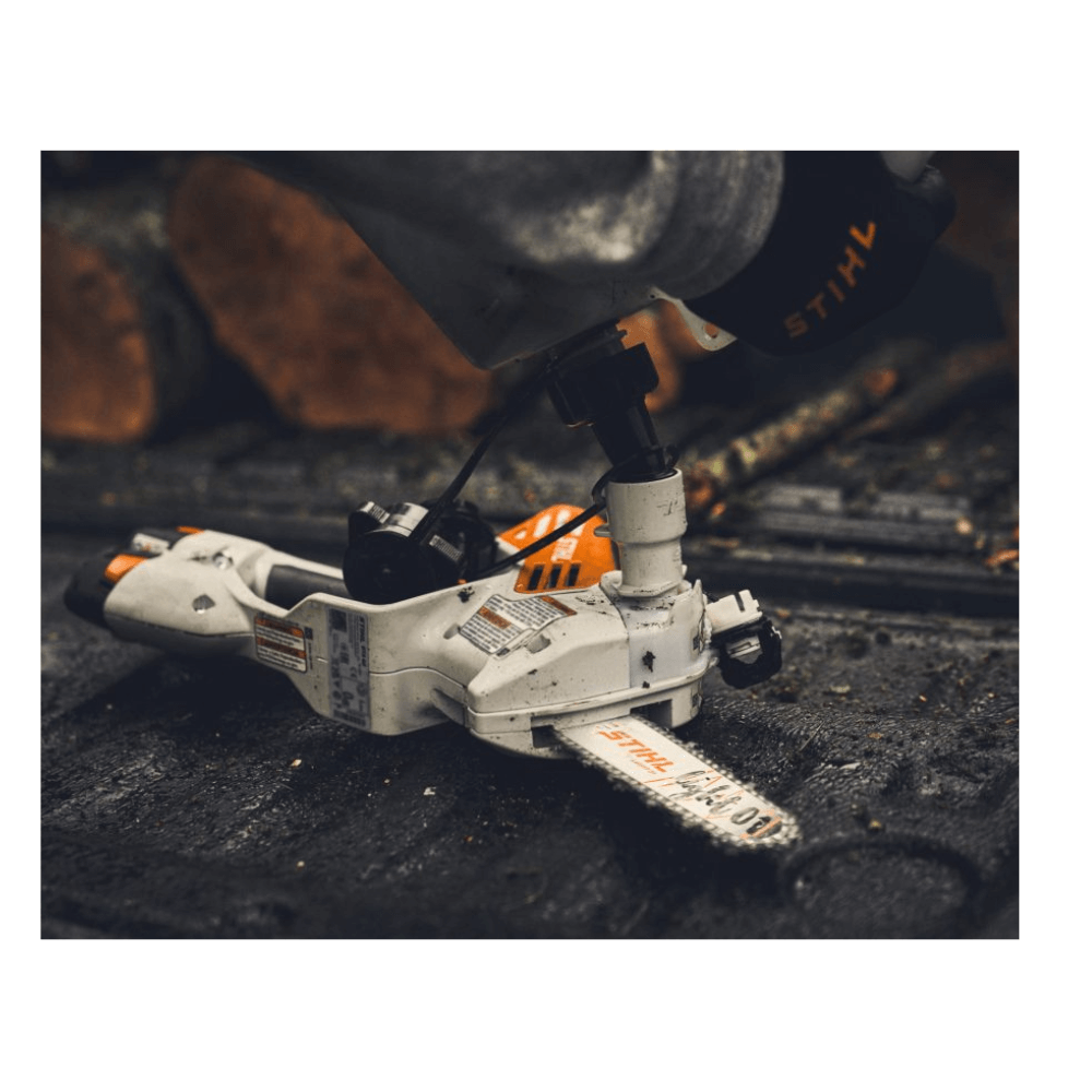 STIHL GTA 40 cordless pruner on a workbench, showcasing its professional-grade design for tree surgeons.