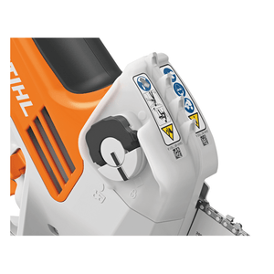 Close-up of the STIHL GTA 40 cordless pruner controls and safety features, ideal for professional tree surgeons.