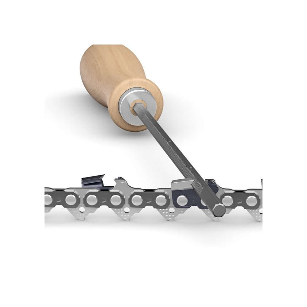Hexa file and wooden handle sharpening a Rapid Hexa saw chain for STIHL chainsaw performance.