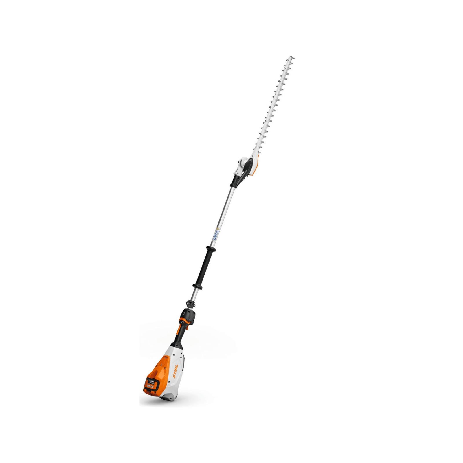 STIHL HLA 135 K cordless long-reach hedge trimmer with a short shaft. Battery-powered, providing extended reach for trimming tall or wide hedges. Professional-grade performance