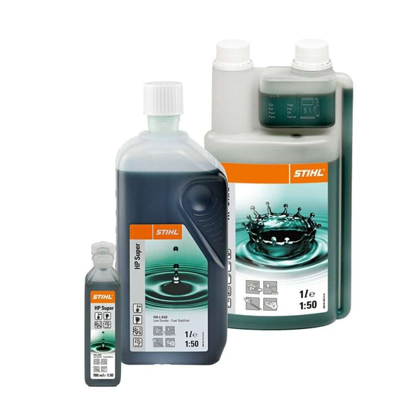 A set of STIHL HP Super Two-Stroke Engine Oil Mix bottles in different sizes, showing clear green liquid inside.
