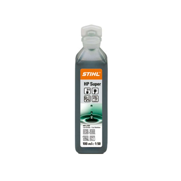 Three sizes of STIHL HP Super Two-Stroke Engine Oil Mix containers, from left to right: a small 100ml bottle, a medium 1 litre container, and a large 5 litre jug.