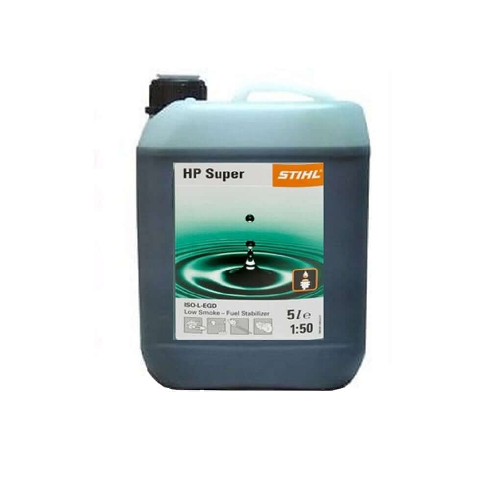 Three sizes of STIHL HP Super Two-Stroke Engine Oil Mix containers, from left to right: a small 100ml bottle, a medium 1 litre container, and a large 5 litre jug.