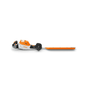 STIHL HSA 150 T cordless hedge trimmer. Professional-grade, lightweight design. Features powerful, quiet battery operation and precision-ground blades for clean cuts. Orange and gray