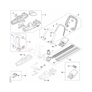 STIHL HSA 40 Cordless Hedge Trimmer parts diagram showing genuine replacement components and service kit details.
