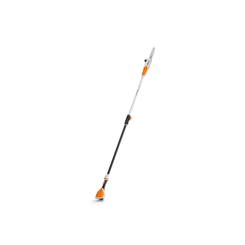A STIHL HTA 50 cordless battery-powered pole pruner with an orange handle and black shaft.