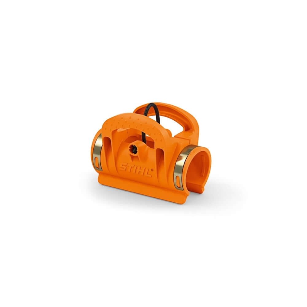 An orange STIHL quick release bracket for telescopic shaft harness, designed for attaching tools like pole pruners or hedge trimmers.