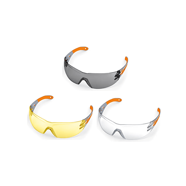 STIHL Light Plus Safety Glasses in clear, smoke, and yellow lenses for tree surgeon protection against UV rays and debris.