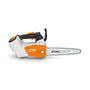 STIHL MSA 161 T cordless chainsaw. Top-handle design, used for tree work. Battery-powered, compact, for professional arborists.