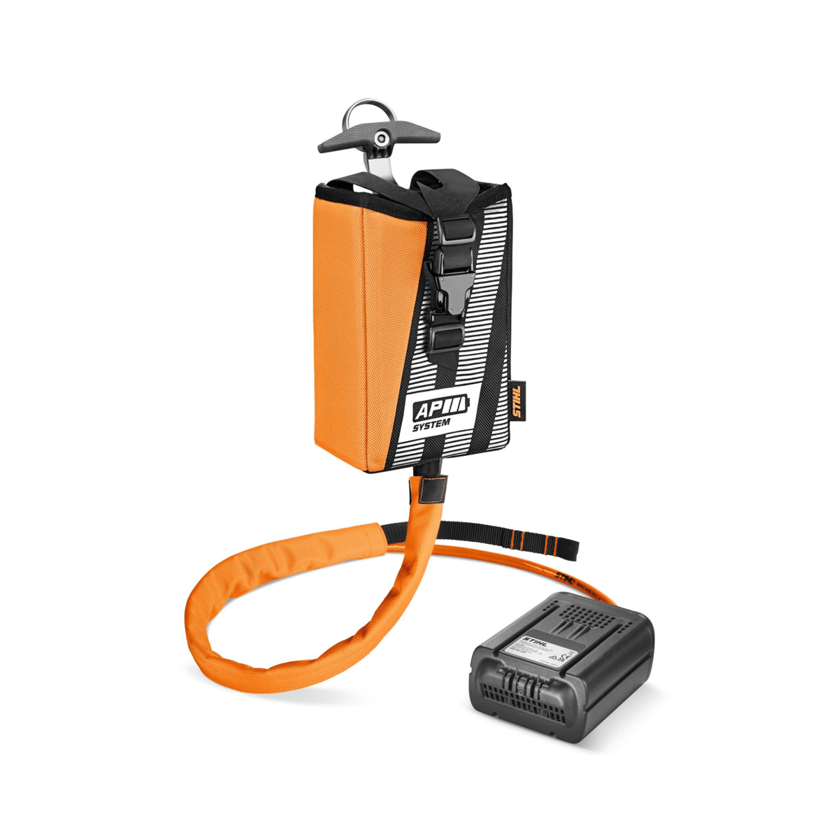 STIHL MSA 190 T AP Strap Adapter. Reduces chainsaw weight by moving battery to harness. Improves balance and comfort. Includes fall protection, black/orange