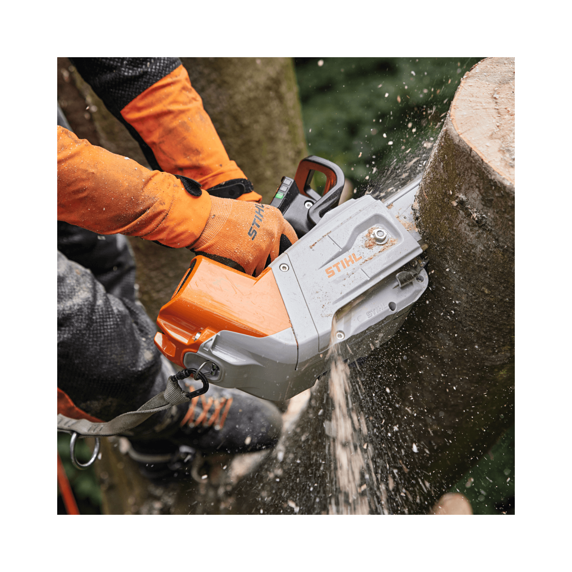 Professional arborist using STIHL MSA 220 T cordless chainsaw for precise tree cutting and maintenance.