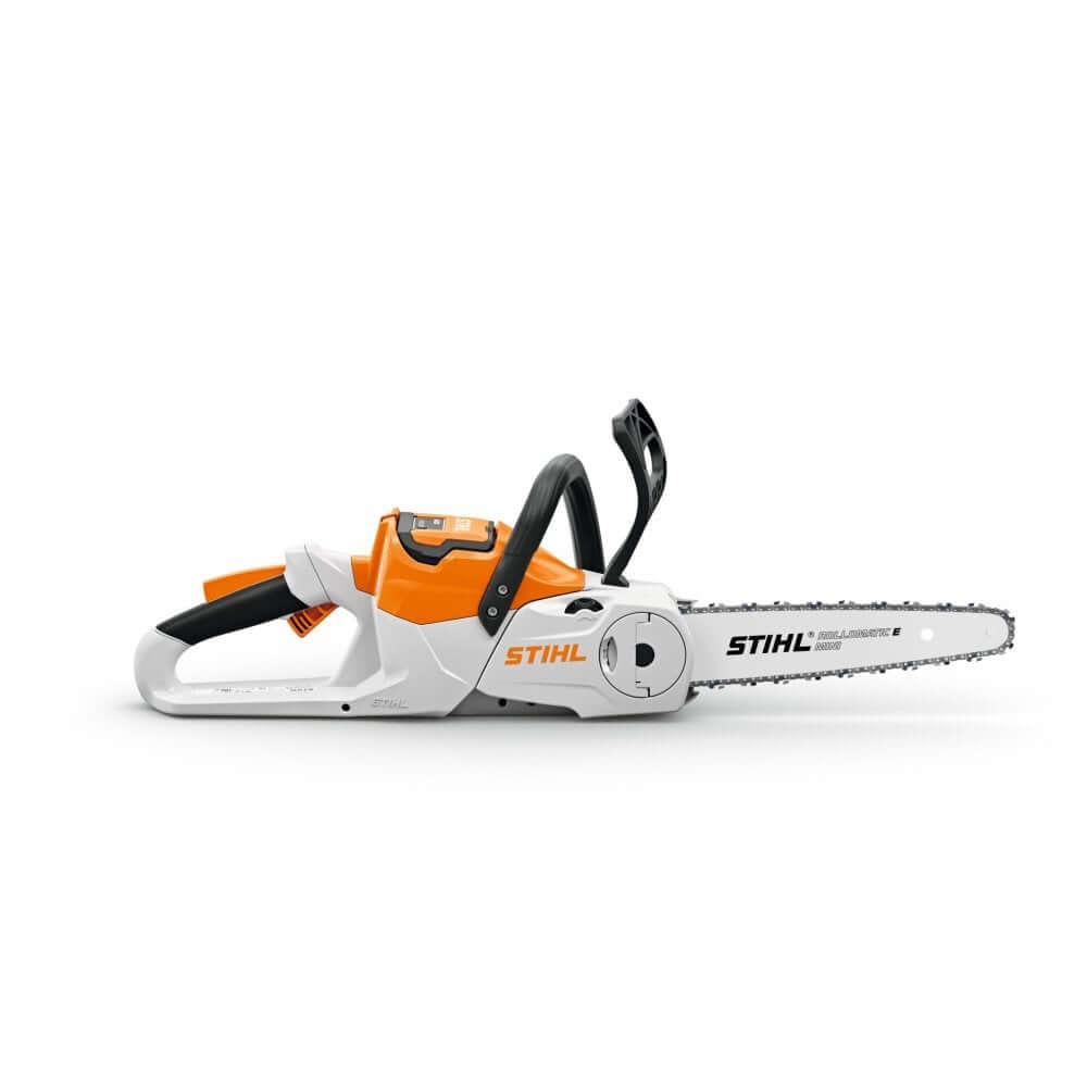 A STIHL MSA 60 C-B cordless chainsaw with an orange, gray, and white color scheme.