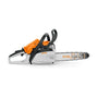 STIHL MS 172 chainsaw. Orange and gray, compact petrol chainsaw. Used for light to medium cutting tasks. Powerful and easy to handle