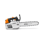 STIHL MS 201 TC-M top-handle petrol chainsaw with an orange and white color scheme, showcasing the saw with a long guide bar.
