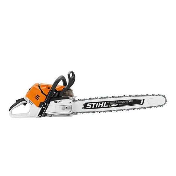 STIHL MS 500i petrol chainsaw with an orange body, gray and black handle, and a silver chain.