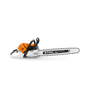 STIHL MS500i W Heated Handle Petrol Chainsaw with orange and white color scheme, showing the side profile of the chainsaw with its long guide bar.