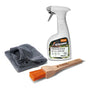 STIHL cleaning kit with spray bottle, towel, and brush on a white background