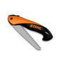 STIHL PR 16 Handycut folding pruning handsaw. Compact, lightweight, and portable. Features a sharp, angled blade for efficient cutting of branches and twigs. ncludes a comfortable, ergonomic handle and a safety locking mechanism for secure storage. Primarily orange and black