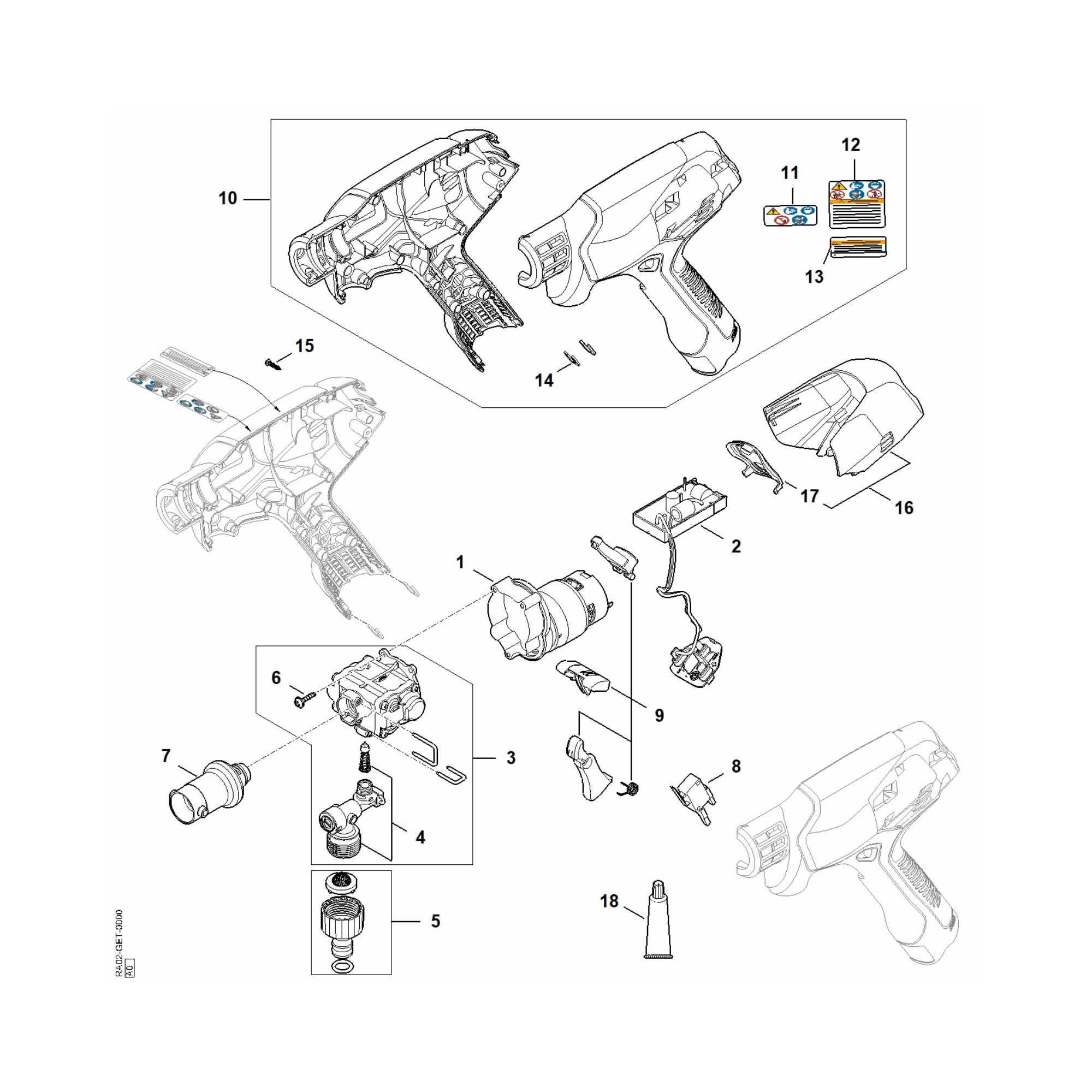 STIHL RCA 20 cordless handheld pressure washer parts diagram with labeled components for easy identification and replacement.