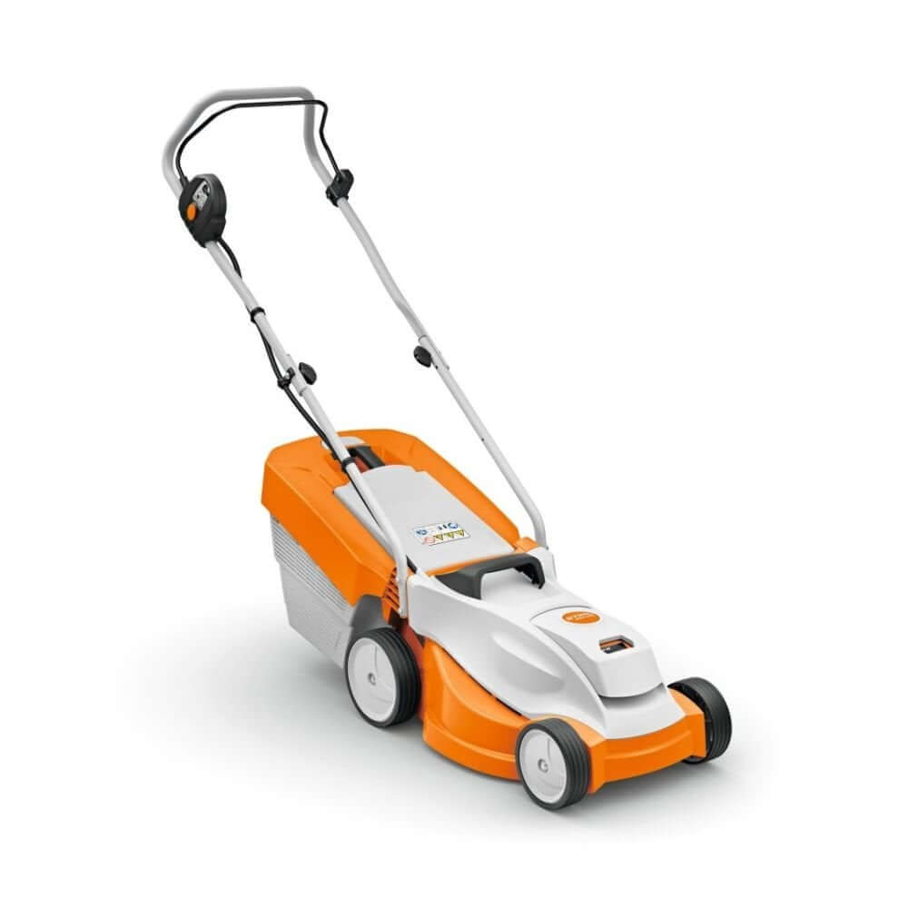 STIHL RMA 235 cordless lawn mower. Compact, lightweight, orange and black design. For small to medium-sized lawns