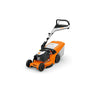 STIHL RM 448 T self-propelled petrol lawn mower designed for medium to large lawns, featuring a lightweight rust-proof deck.
