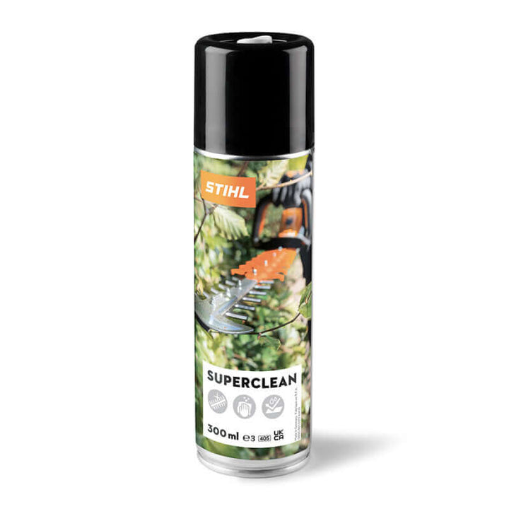 Stihl Superclean resin solvent 300ml for effective stain removal, safe for wood, metal, plastic, and concrete.