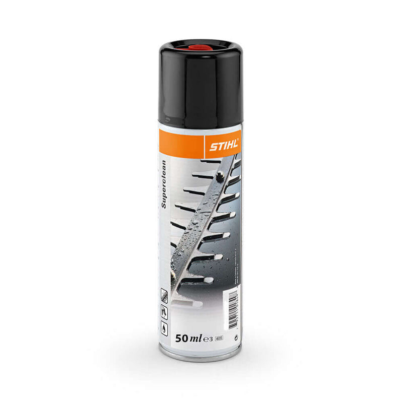Stihl Superclean 50ml resin solvent for tree surgeons, effective on wood, metal, plastic, and concrete surfaces.