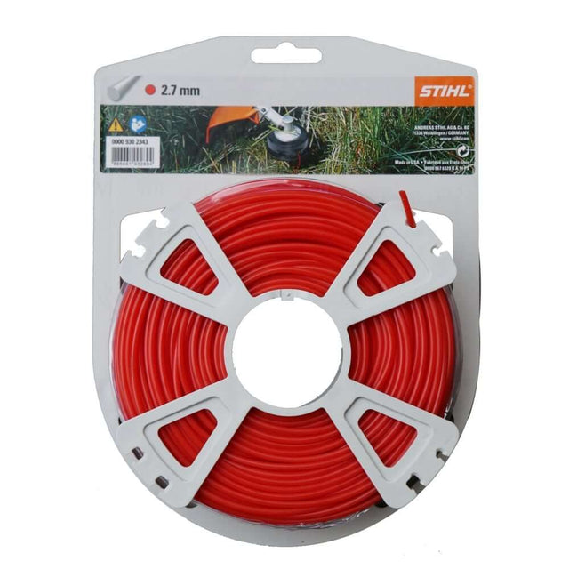 STIHL round strimmer line, 2.7mm diameter. Durable cutting line for grass trimmers and brushcutters. Provides clean and efficient trimming. Available in various lengths