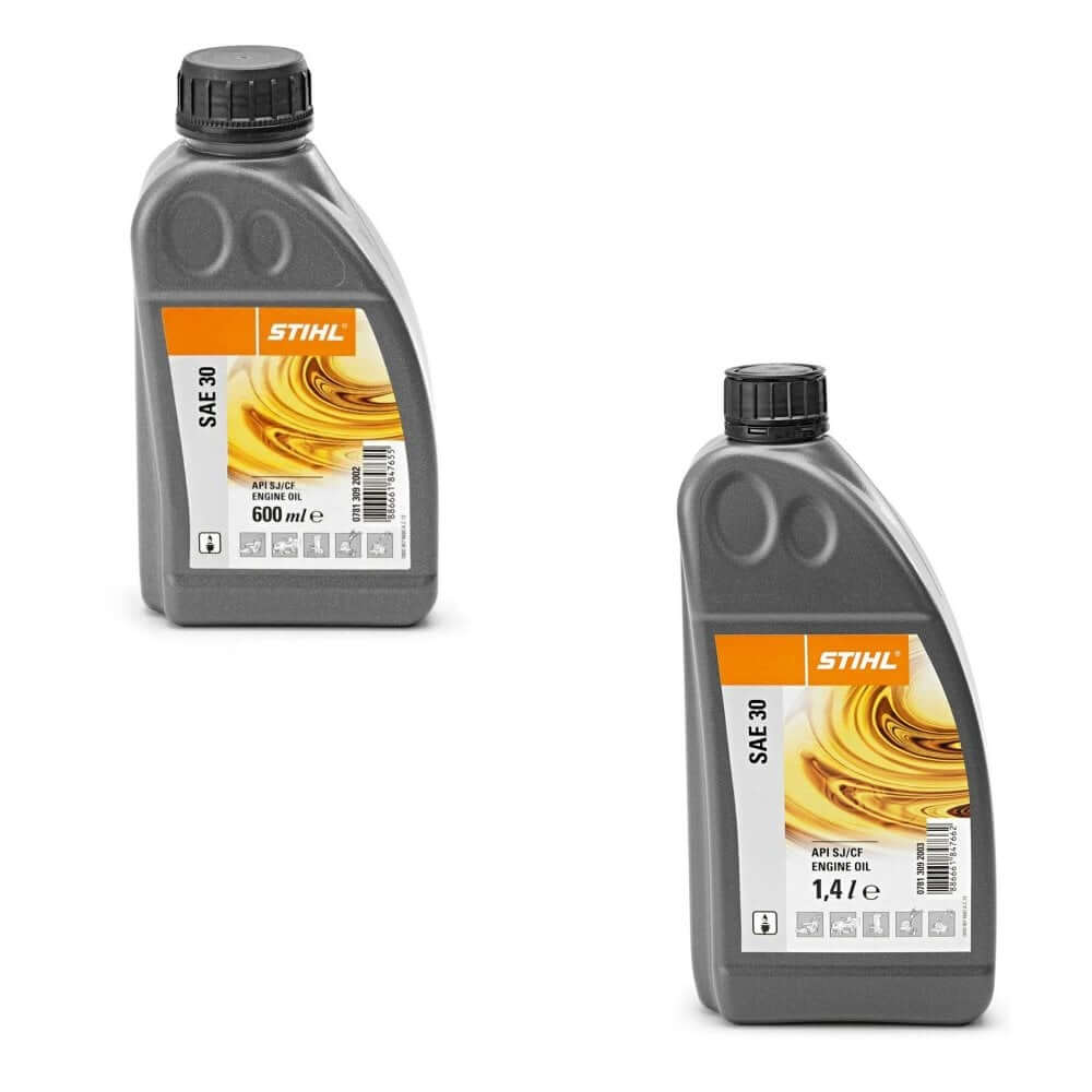 STIHL SAE 30 Engine Oil bottles designed for powerful outdoor equipment use, ideal for tree surgeons.