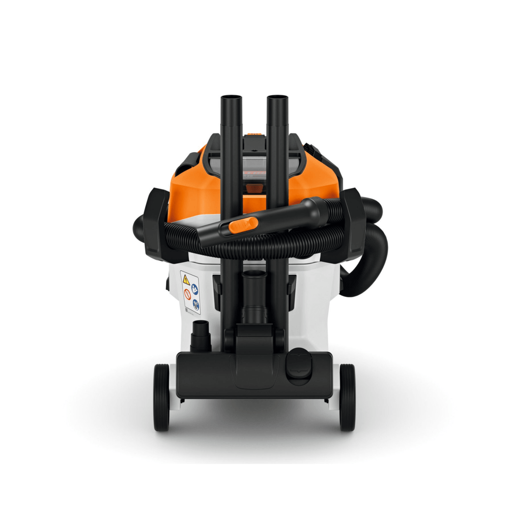 STIHL SEA 60 Cordless Wet & Dry Vacuum Cleaner showing front view with hoses, designed for home and workshop cleaning.