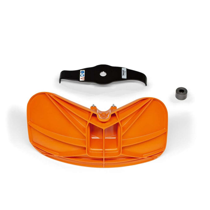 An orange shredding guard kit, including a blade and a mounting bracket, designed to attach to a STIHL clearing saw for enhanced shredding performance.