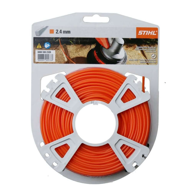 STIHL square strimmer line, 2.4mm thickness. Provides clean, efficient cutting of grass and weeds. Durable material for extended use. Available in various lengths